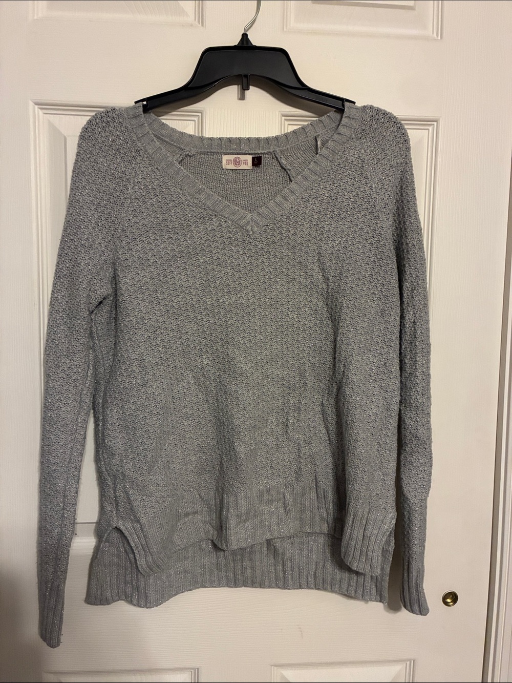 Light Sparkly Gray Textured V-Neck Sweater - Women's Casual Pullover